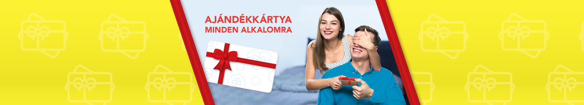 Ajándékkártya minden alkalomra. A képen egy piros masnival átkötött, fehérajándékkártya látható. 
