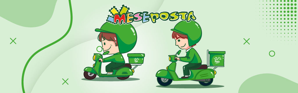 A képen a Meseposta logója és két kisfiú grafikája szerepel postásruhában postás motoron